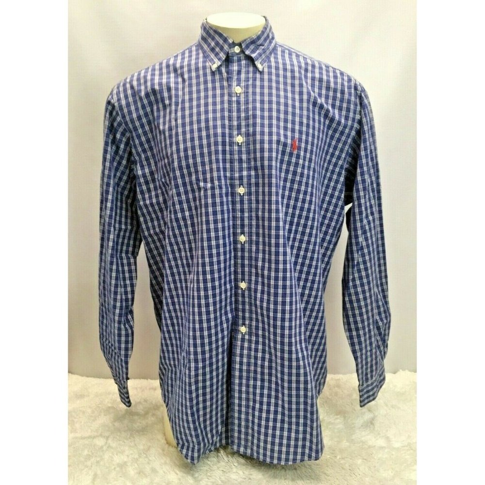 Ralph Lauren Dress Shirt Red Horse Classic Fit Men Size Large 16.5" Blue Plaid